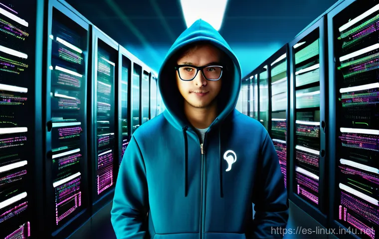 리눅스 실무에서 자주 사용하는 명령어와 스크립트 - **Prompt:** A young, focused hacker, wearing a casual but stylish tech hoodie and glasses, stands in...
