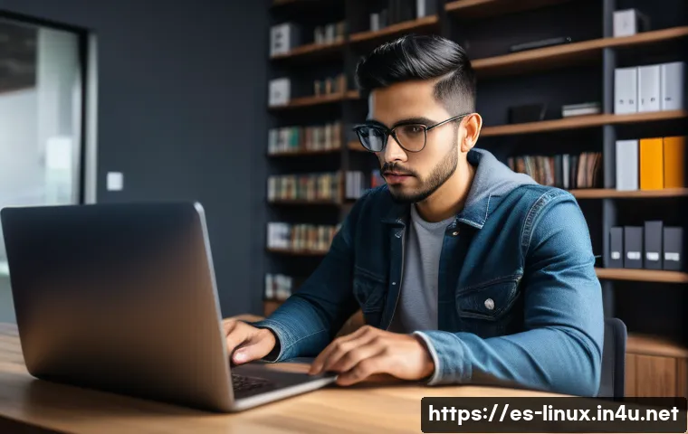 리눅스 실기 시험에서 실수하지 않는 비결 - A focused young adult Hispanic man sitting at a desk in a modern home office, practicing Linux comma...