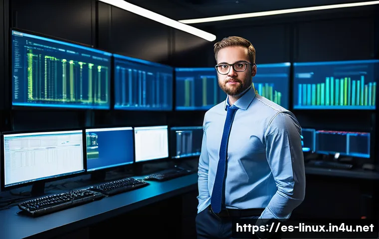 리눅스 자격증 취득 후 IT 프로젝트 참여 후기 - A professional Linux system administrator working in a modern corporate data center, surrounded by m...