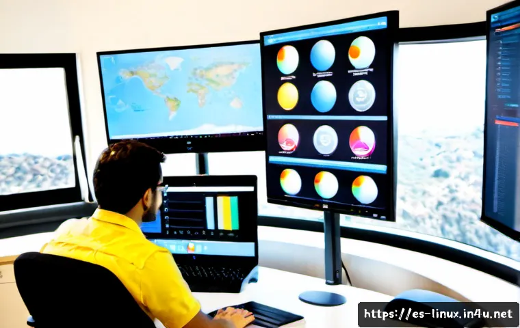 리눅스 실무와 AI 기반 시스템 관리의 융합 사례 - Photorealistic modern Spanish technology office in Madrid, experienced Linux system administrator re...